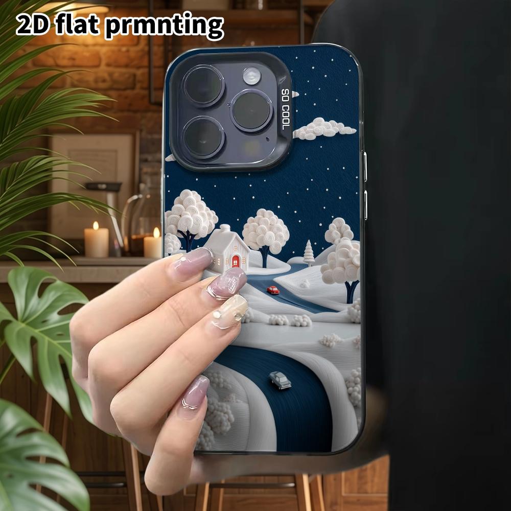Phone Case: 2D Flat Design for iPhone 13 Pro To 18, Color Silver, Couple Style, Winter Night Town Theme, Perfect Gift for Christmas and Halloween