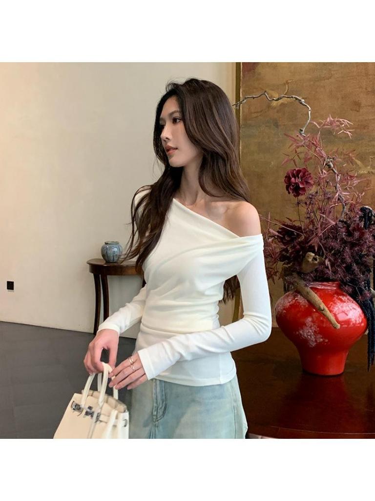 Women's Asymmetrical Off-Shoulder Slim-Fit Long Sleeve Top in White - Autumn 2025 Design