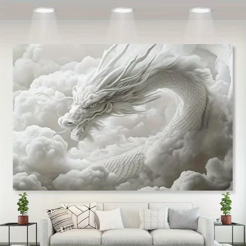 2D Majestic Chinese Dragon Tapestry White Clouds Mystical Wall Background 47.2x31.5inch/120*80cm