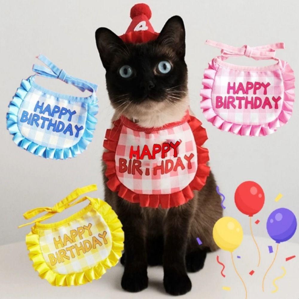 Soft Cat Birthday Scarf Hat Set with Digital Stickers Cat Saliva Towel Birthday Party