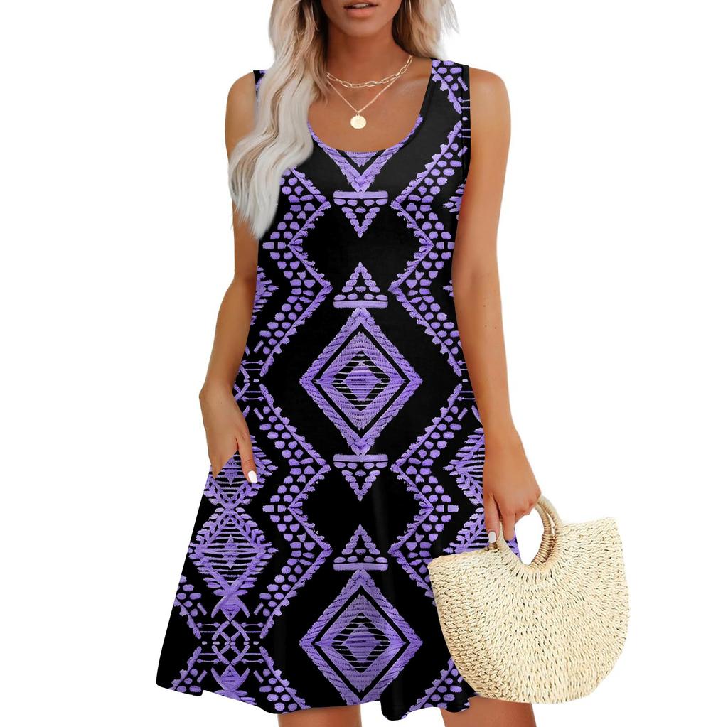 Lässiges Sommerkleid für Damen mit Taschen, Sommer-Boho-Strandkleid, Urlaubskleider für Damen, T-Shirt-Kleid, U-Ausschnitt, lockere Tank-Kleider