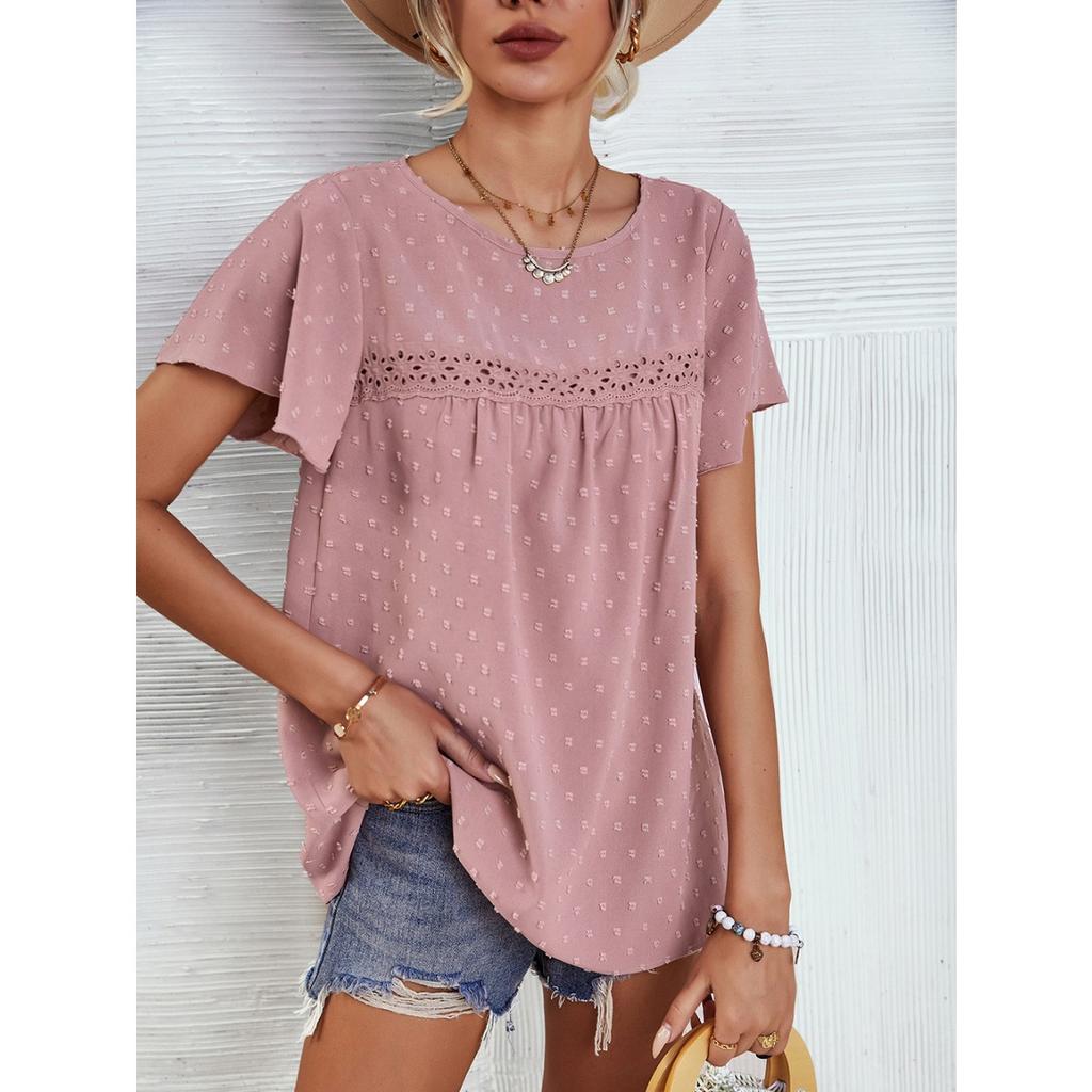 Summer Women's Loose Casual T-Shirt, European American Style Lace Crew Neck Flounce Sleeve Jacquard Dot Lace Trim Top