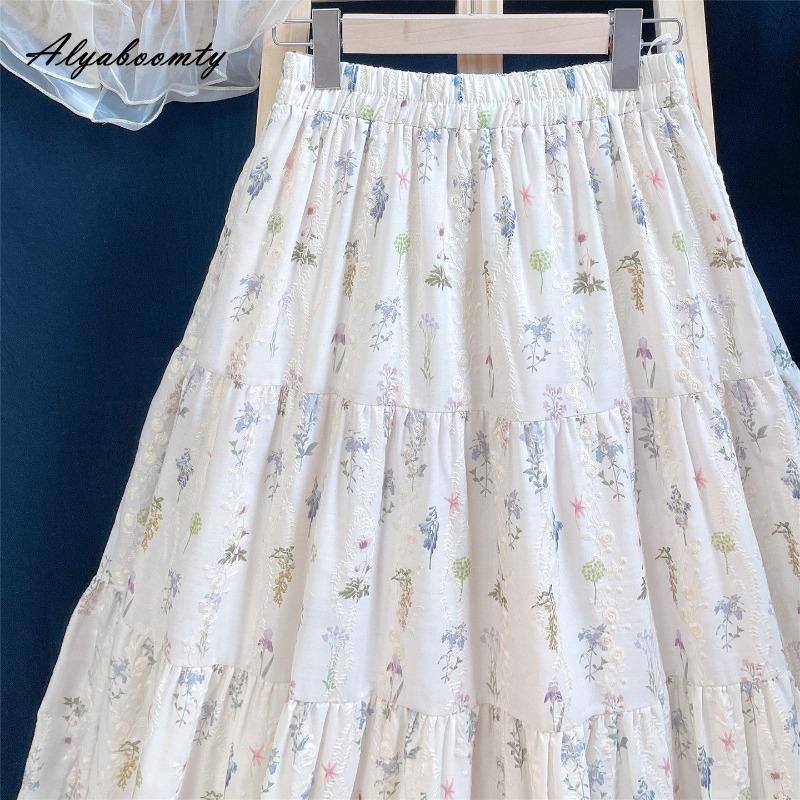 Prairie Chic Spring Summer Women Sweet Skirt Elastic Waist Floral Embroidery Midi A-Line Skirt Elegant Feminine Ladies' Fairy Skirt