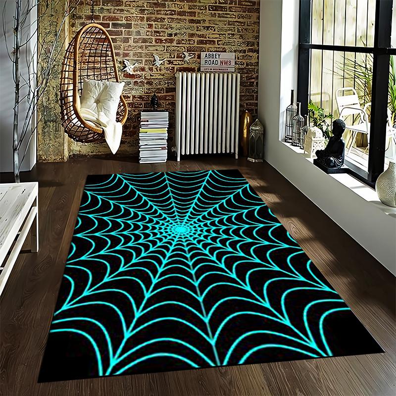 Glow-in-Dark Spider Web Pattern Rug, Black and Blue Geometric Style Carpet Suitable for use as an anti-slip for living room bedroom sofas