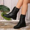 Women's Autumn-Winter Round-Toe Chunky-Heel Lace-Up Side-Zip Solid Color Martin Boots, Available In Large Sizes.