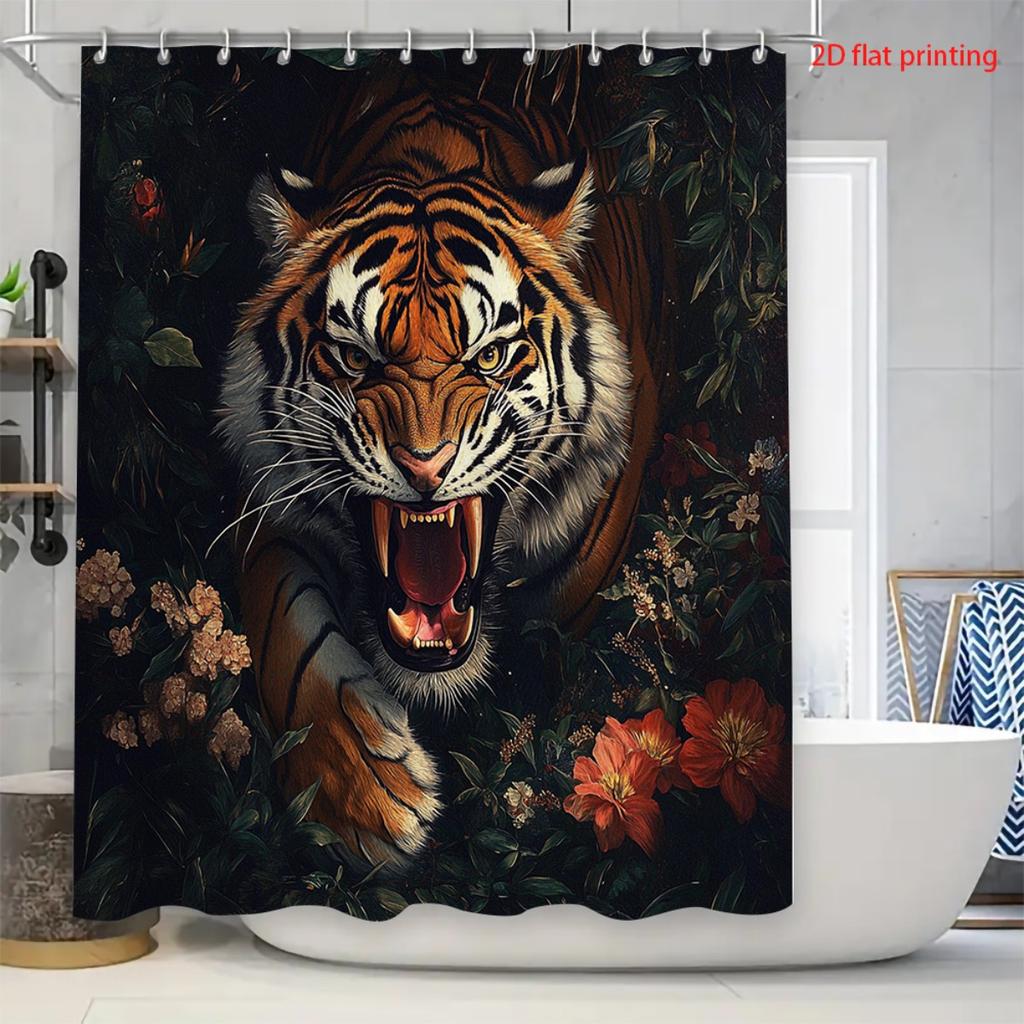 4Pcs Set Tigerthemed Print Shower Curtain Set with Non-Slip Bath Mat, Toilet Lid Cover, Contour Rug & 12 Hooks, Bathroom Decor