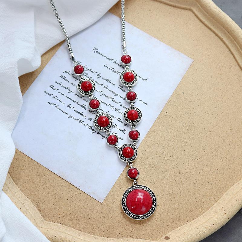 Retro Türkis Lange Halskette - Europäischer & Amerikanischer Stil, Ethnisch Tibetisch, Vielseitiger Anhängerschmuck für Frauen