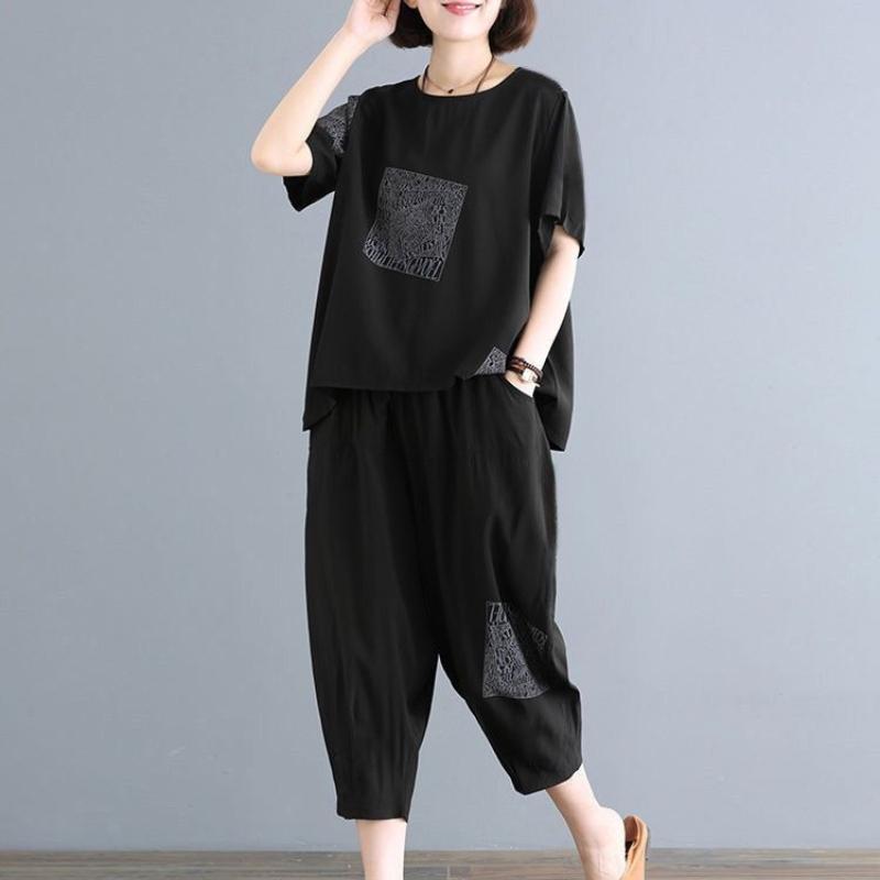 Принтованный Свободный Большого Размера Спортивный Костюм Женский Летний Прикрывающий Мясо Ретро Стройнящий Повседневный Двойка Женская Одежда L чёрный