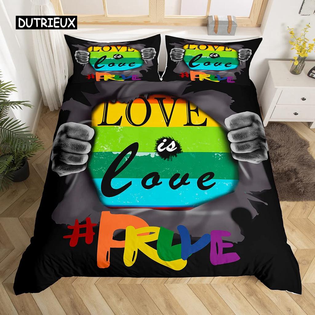 Love is Love Duvet Cover Rainbow Bedding Set Pride for Love Theme Romantic Comforter Cover Colorful Cartoon Car Bedspread Cover