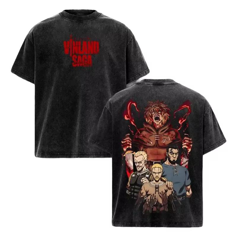 Vintage Washed Oversized Casual Cotton Summer Short Sleeve T-shirt With Japanese Anime Vinland Saga Graphic T-shirt L