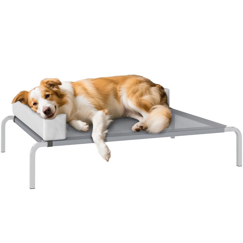 Hundebett für draußen, Erhöhtes Hundebett für mittelgroße Hunde, mit L-förmigem Kissen 110x75x30cm, Hellgrau