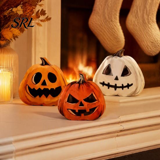 Small Decorative Figurines 3Pcs Halloween Pumpkin Tabletop Decor, Rustic Face Wooden Block Desktop Grimace Decor Ornaments, Farmhouse Craft