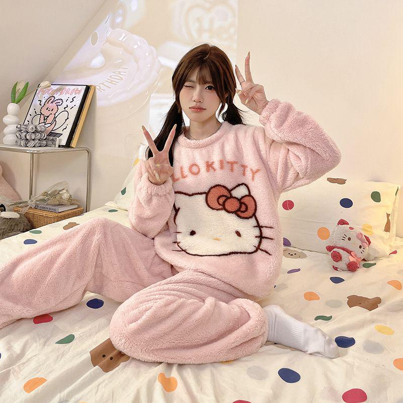 Damski Słodki Kreskówkowy Flanelowy Zestaw Piżamowy - Gruby, Podszyty Polarem i Przytulny na Jesień i Zimę