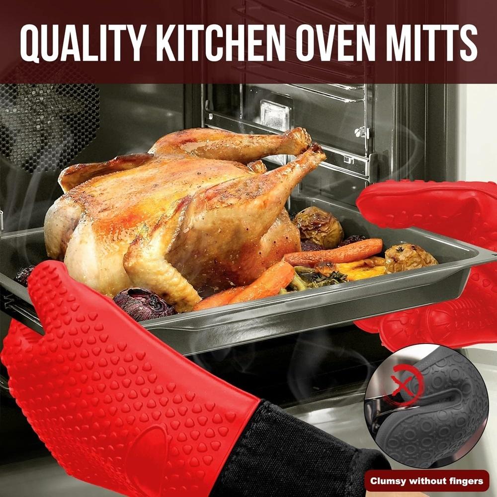Długie Grube Rękawice Silikonowe Żaroodporne Antypoślizgowe Rękawice Kuchenne do Mikrofalówki Rękawice Kuchenne do Grillowania, Pieczenia, Gotowania Szyte Płótnem Rękawice do Piekarnika