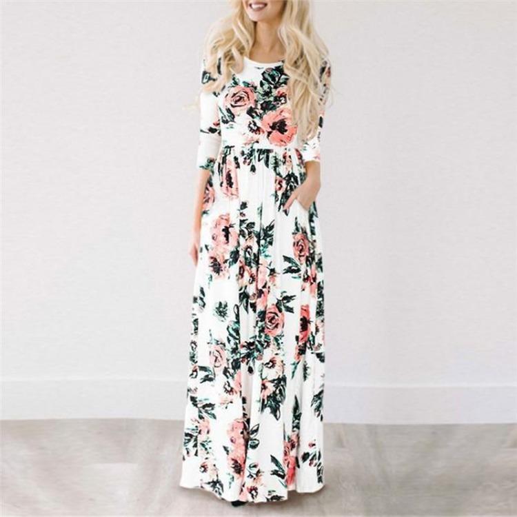 Kwiatowy Print Damska Letnia Sukienka Maxi Boho Plażowa Długa Sukienka Wieczorowa Tunika