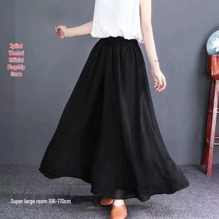 Women's Wide-Leg Chiffon Pants: Flowy, Elastic Waist, Long Cropped Skirt-Pants
