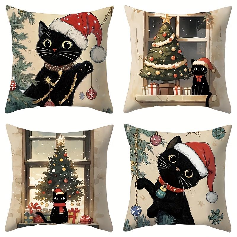 4pcs Festive Feline Christmas Pillowcase Set - Black Cats in Santa Hats Decorating Trees Enjoying Holiday By The Window 4PCS