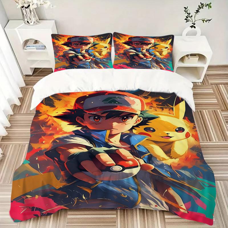 3pcs Bedding Set Pokemon Trainer Pikachu Includes 1 Comforter + 2 Pillowcases, Without Pillow Inserts, Soft Comfortable, Lightweight Breatha