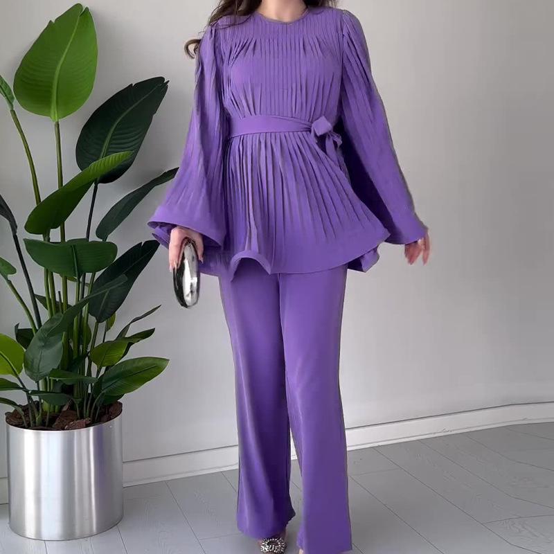 2024 Autumn Trendy Solid Color Pleated Skirt and Long Pants Two-Piece Set
