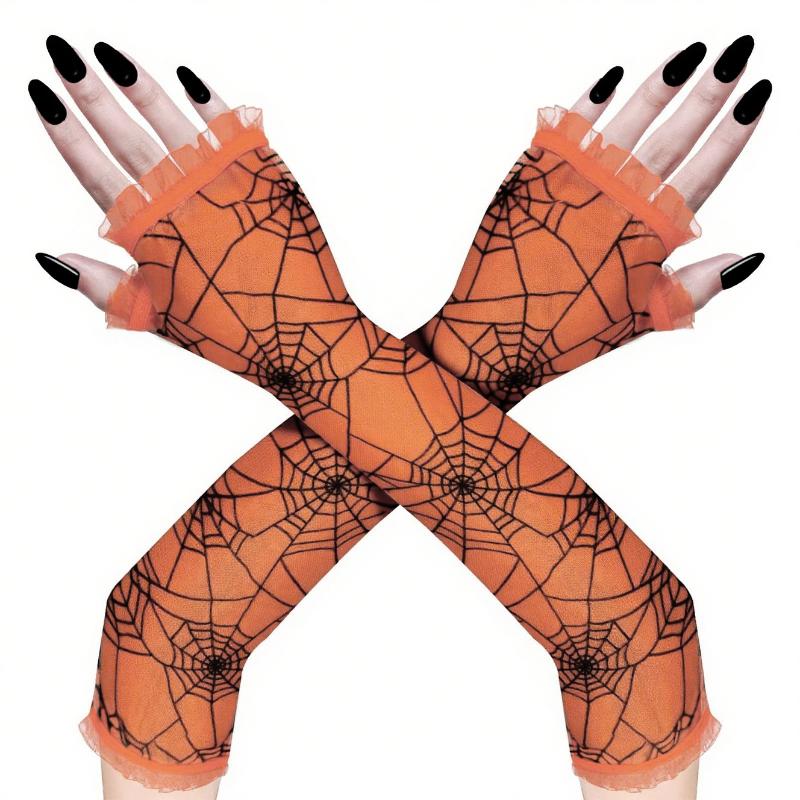 Fancy Thin Halloween Gloves Gothic Lolita Spider Web Gloves Long Half-Finger Mesh Mitten Cosplay