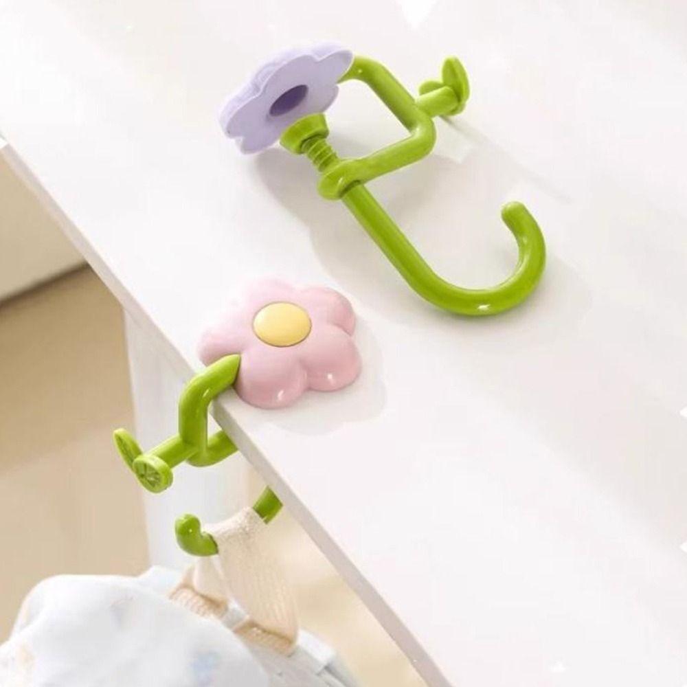 Cute Plastic Flower Bag Hook Adjustable No Drill Flower Shaped Desk Hook Removable Desktop Storage Hook Office