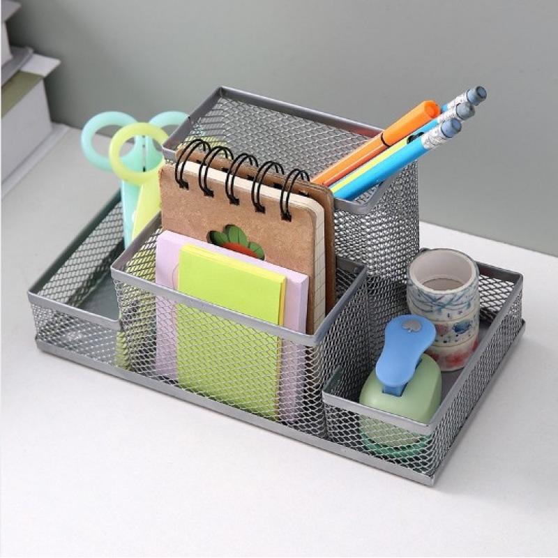 Creative Metal Iron Art Desk Organizer: Three-Grid and Four-Grid Pen Holder for Office Stationery Storage