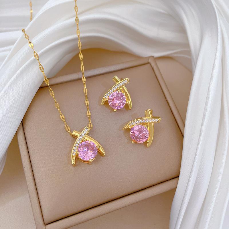 

[Набор] Высококачественный темпераментный легкий роскошный полный циркония тяжелой промышленности гальванизированный настоящим золотом медный микроинкрустированный набор серег и ожерелья Комбина