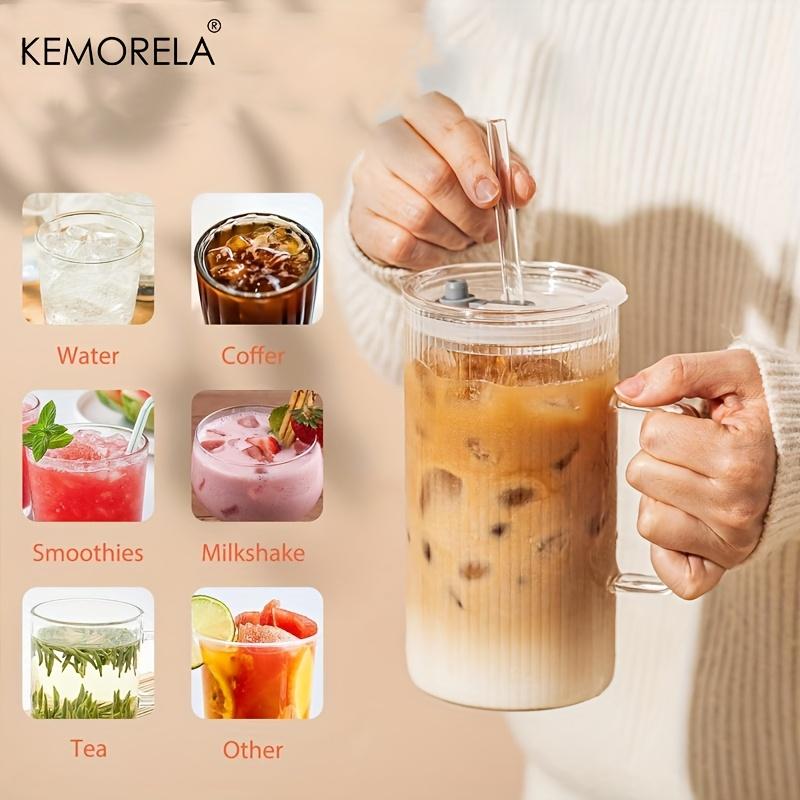 KEMORELA 740ML Large Ribbed Glass Tumbler with Handle and Lid Set of 1/2 Clear Glass Cups with Reusable Straws for Iced Coffee