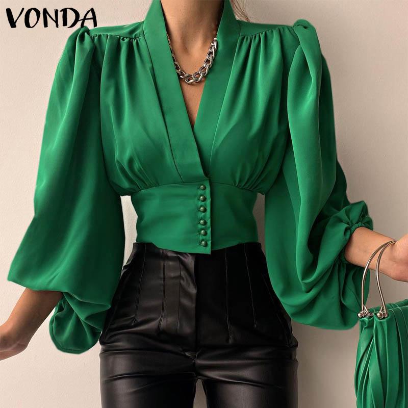 

VONDA Женская элегантная короткая блузка с V-образным вырезом и длинным рукавом с тонкой талией