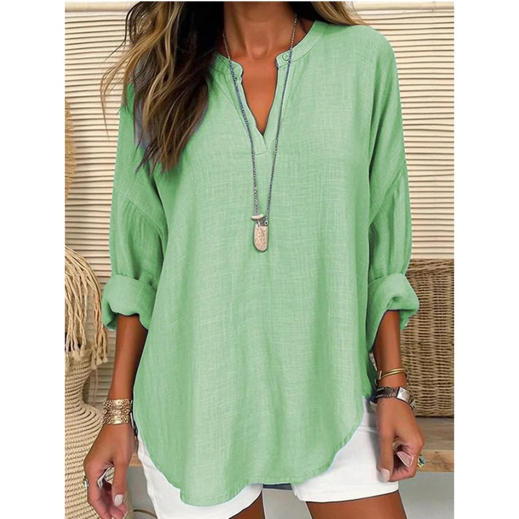 New Women's Long Sleeve T-shirt, Small V Stand Collar Button Drop Shoulder Curved Hem Tops for Women, European Style Casual Ladies Clothing