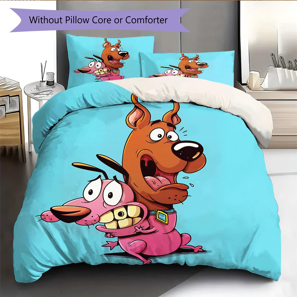 Statečný pes Courage a Scooby-Doo Vzor Povlečení Sada prošívaných přikrývek Domácí dekorace Dárek (1 * povlak na peřinu + 2 * povlak na polštář bez jádra)