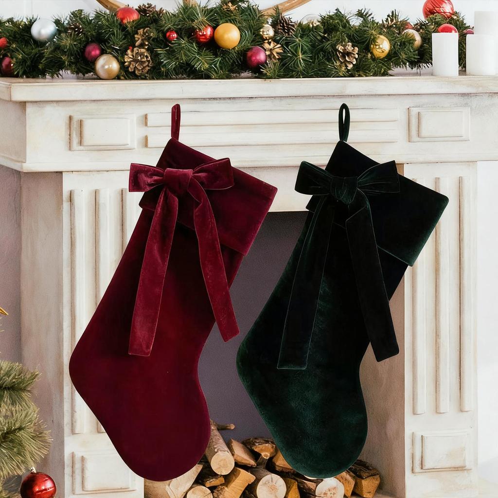Red/Green Velvet Christmas Stocking Xmas Eve Mantel Decor Stocking Velvet Bow Stockings Candy Gift Bag Christmas Tree Stockings