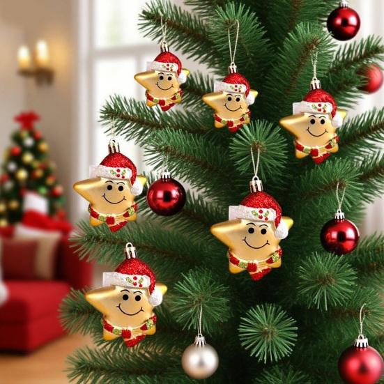 3 ks Vánoční červená čepice hvězda ozdoby ručně malované plastové závěsné dekorace na stromek, domov, kancelář, pro slavnostní párty dekorace