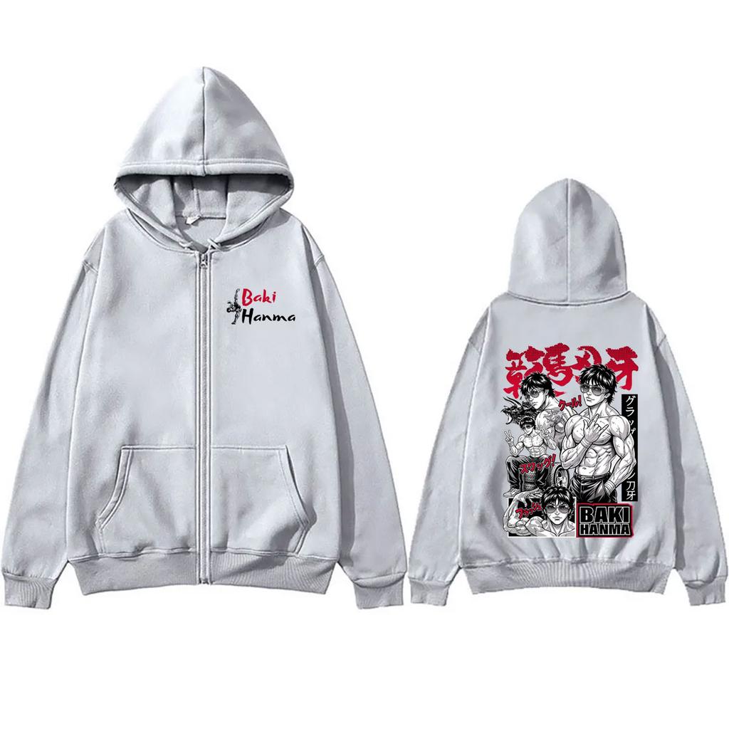 Anime Baki Hanma Graphic Zipper Hoodie Men'S Women'S Casual Manga Oversized Zip Up Jacket Coat Unisex Fashion Vintage Streetwear