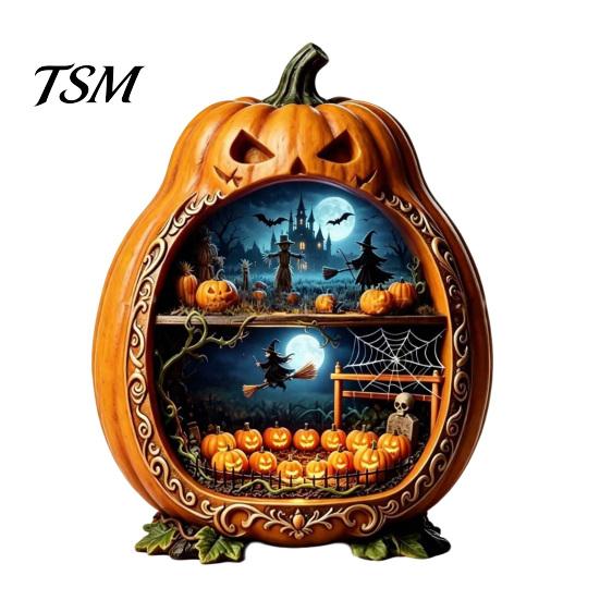 Halloween Shelf Decor Centerpiece Pumpkin, Wooden Pumpkin Ornament with Miniature Scenes, Rustic Scenes Skeleton for Farmhouse Home Table Mantel 13 cm C