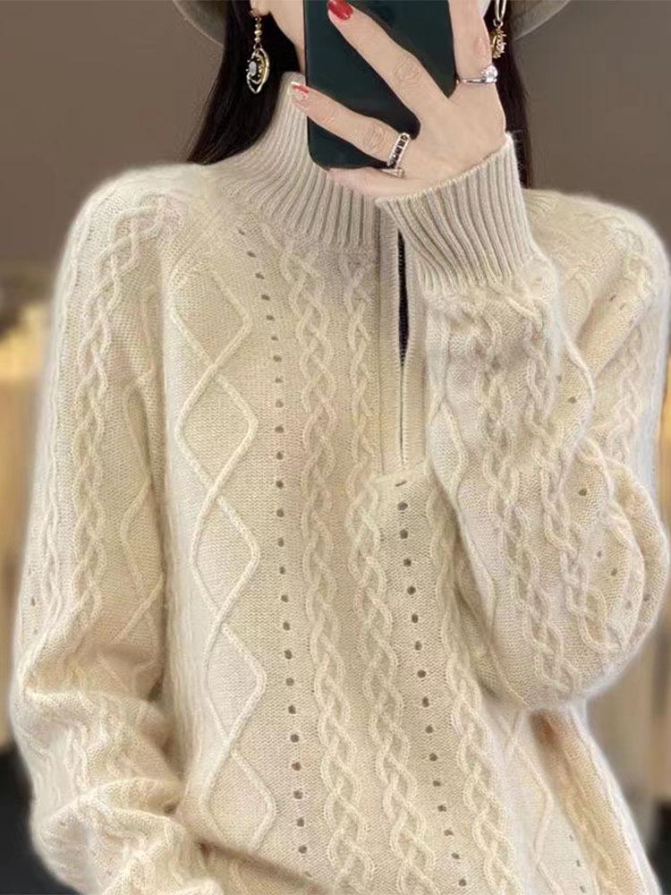 Autumn-Winter High Neck Women's Zipper Pullover Sweater - Loose Knit Long Sleeve Top
