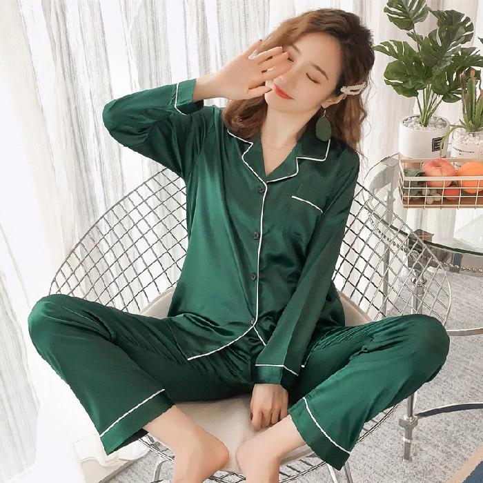 Women’s 2024 Spring/Summer Ice Silk Plaid Pajamas - Long-Sleeved Two-Piece Set