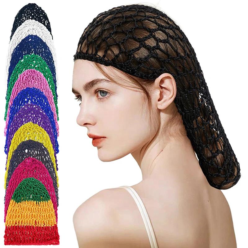 Fashion Women Crochet Hair Snood Elastic Edge Long Hair Net Mesh Sleeping Nightcap Turban Headwear Hair Nets
