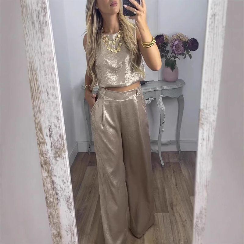 

European and American Women clothes Vest Trousers High Waist Casual Set Two-piece Set Gold Women s Long Pants Women Gold XL
