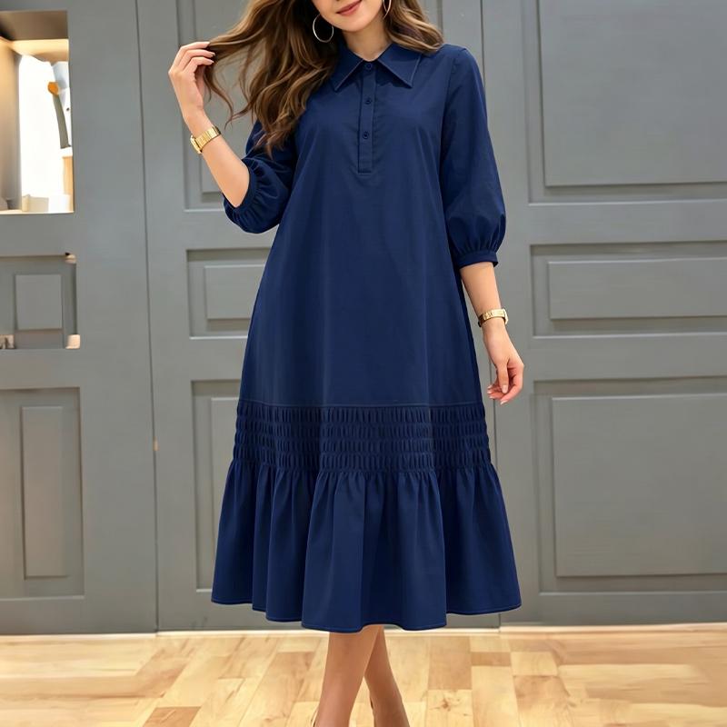 ZANZEA Women Casual Turn Down Collar Solid Color 3/4 Sleeve Loose Dress