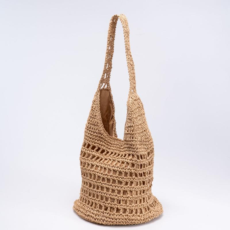One-shoulder hollow straw bag, new hand-woven bag, large-capacity bucket bag, tote bag, vacation beach bag, women