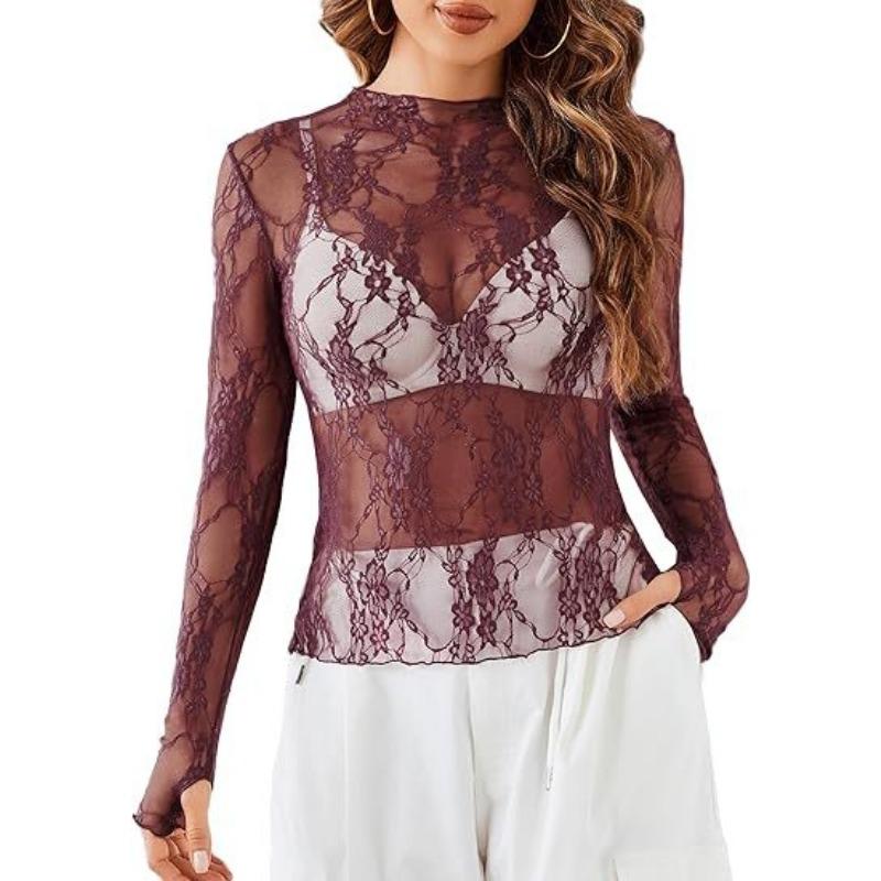 New Lace See Through Sexy Mesh Women Blouse Long Sleeve Tops Transparent Floral Shirt Thin Perspective Lace Shirts Spring Summer Sweet Elegant Blouse