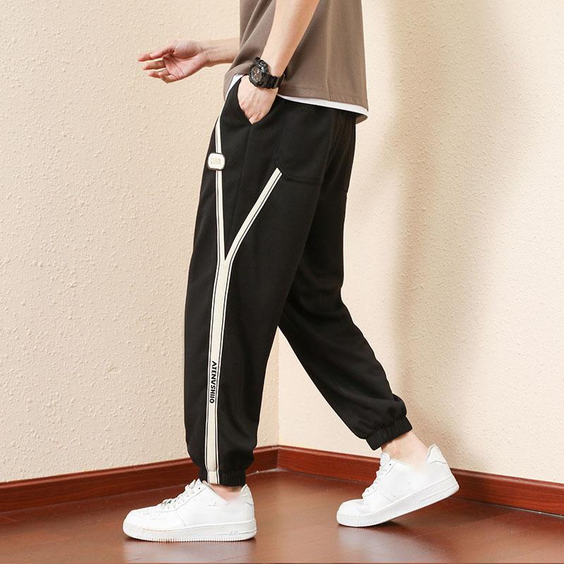 Spring Men's Knitted Drawstring Nine-minute Fat Sports Trend Straight  Pants Plus Size
