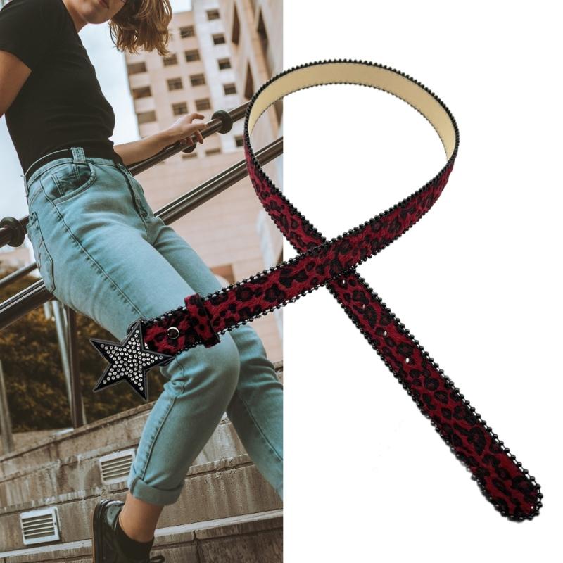 Leopard Print Belt Rhinestones Star Buckles Waistband Fashionable Waist Belt for Trendy Outfits