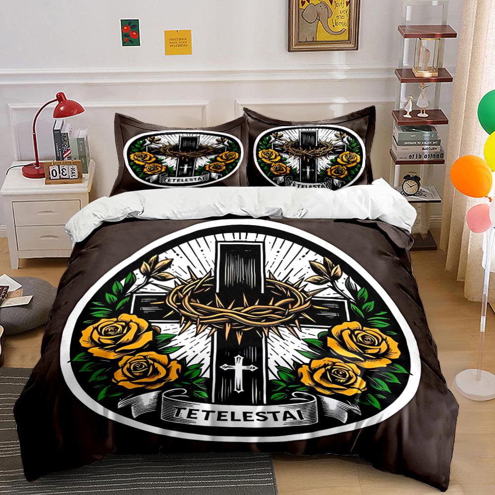 Faith-Inspired Rose Cross Set Exquisite Three-Piece Bedding Set Gift For Kids And Adults