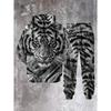 Men'S Spring Autumn Winter 3D Printed Casual Gray White Tiger Head Sweatshirt Hooded Set |, Crew Neck, Regular Fit, All Over Print, Slight Stretch,