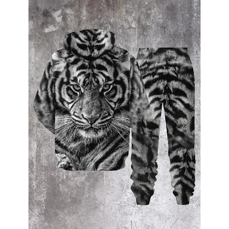 Men'S Spring Autumn Winter 3D Printed Casual Gray White Tiger Head Sweatshirt Hooded Set |, Crew Neck, Regular Fit, All Over Print, Slight Stretch,