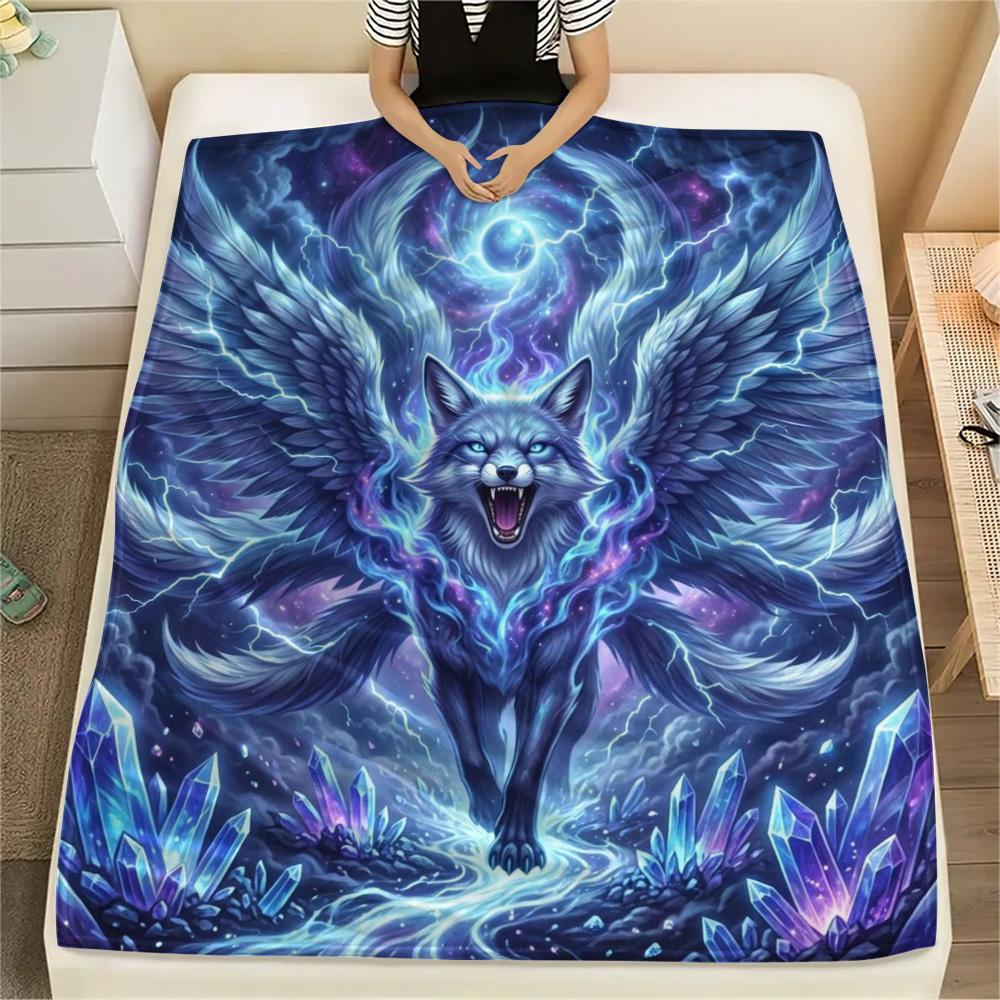1Pc Nine-tailed Fox Print Flannel Blanket, High Quality Comfortable for All Seasons, Home Decor, Warmth and Comfort, Perfect for Christmas Gifts