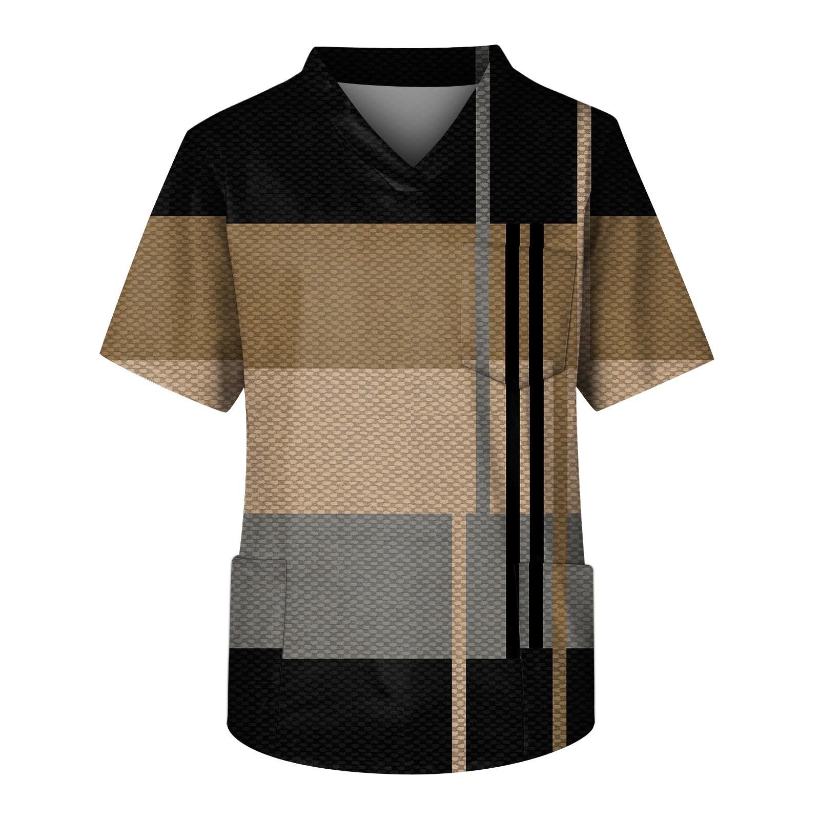 

Men s Short Sleeve V Neck Small Animals Print Chest Pocket Carer Top M коричневий