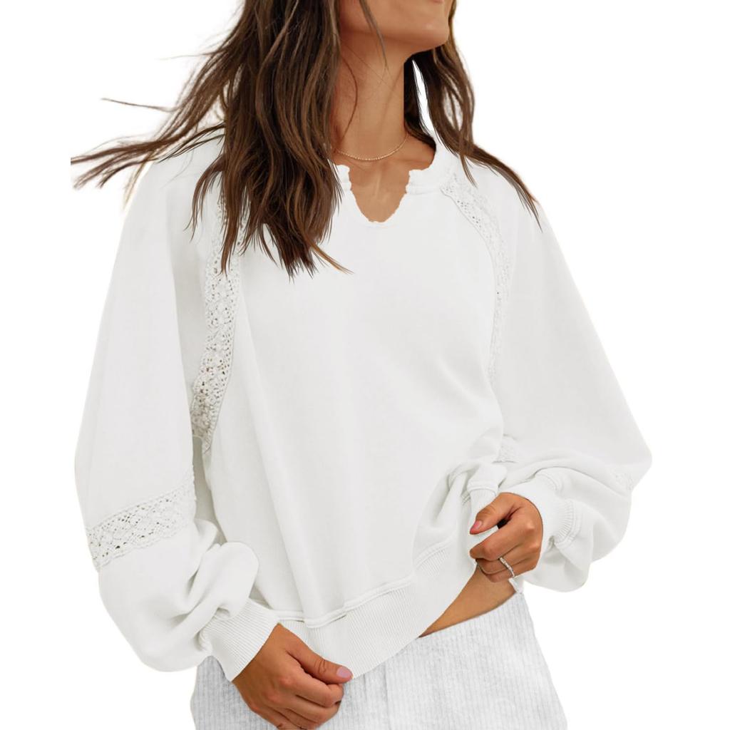 Women's Fashionable Solid Color Patchwork Lace Casual Loose Fitting V-Neck Sweatshirt Top